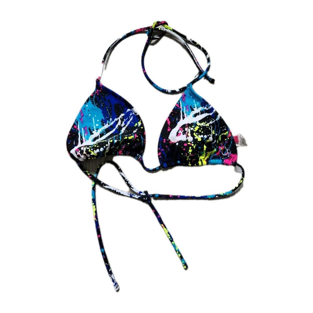 OP Bikini Top Womens L Neon Splatter Print Triangle Halter Tie Swim Multicolor
